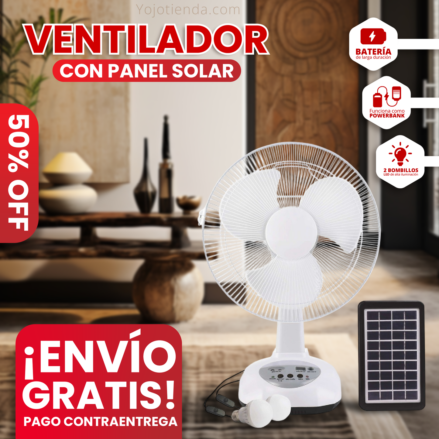 Ventilador Solar Silencioso, Potente y Larga Duración Recargable y Ahorrador 12 Pulgadas