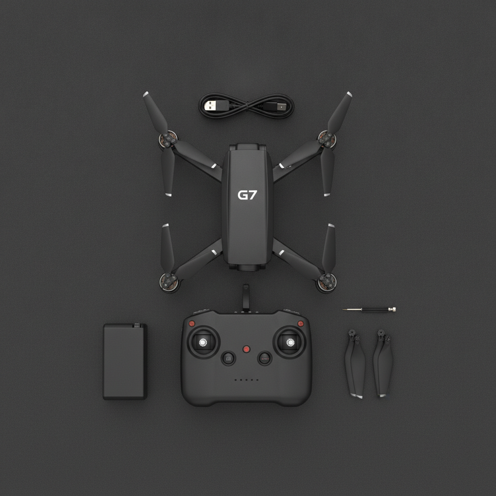 Kit completo Drone G7: drone, control remoto, bateria, helices repuesto, cable USB