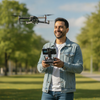 Persona controlando el Drone G7 con control remoto y celular en parque abierto