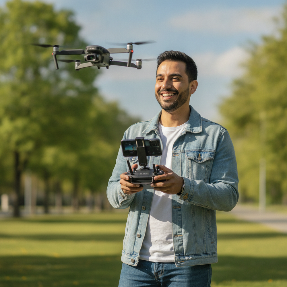 Persona controlando el Drone G7 con control remoto y celular en parque abierto