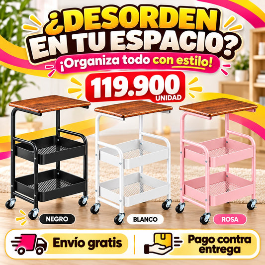 Carrito Organizador Metálico 3 Niveles Multiuso con Tablero de Madera