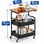 Carrito Organizador Metálico 3 Niveles Multiuso con Tablero de Madera