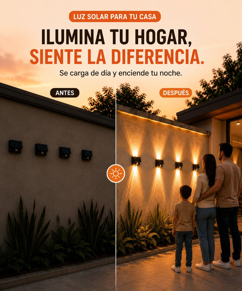 Aplique solar antes y despues, iluminacion calida y elegante