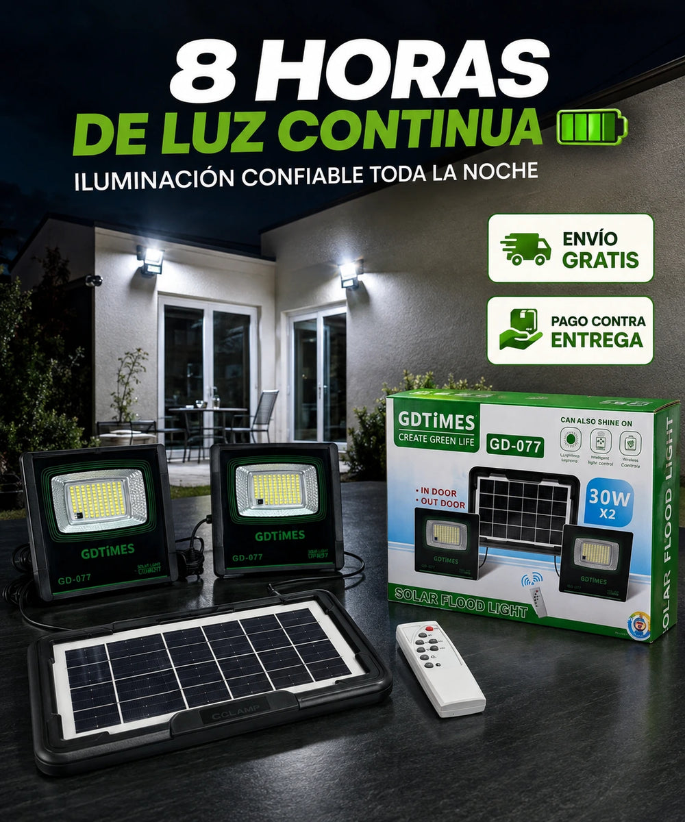 Foco Solar Duo GD-077 - 8 horas de luz continua, iluminacion confiable toda la noche