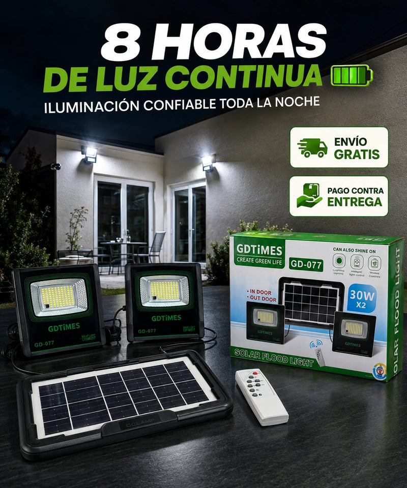 Foco Solar Duo GD-077 - 8 horas de luz continua, iluminacion confiable toda la noche