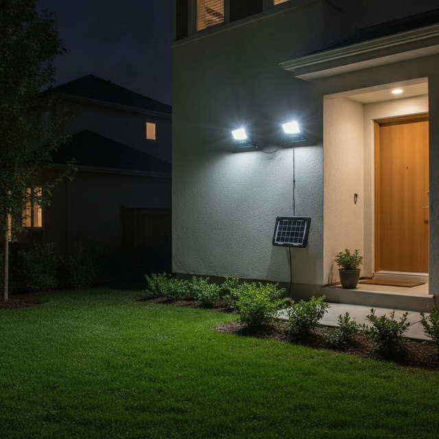 Lampara Duo 30W - los 2 reflectores instalados en fachada, listos en minutos