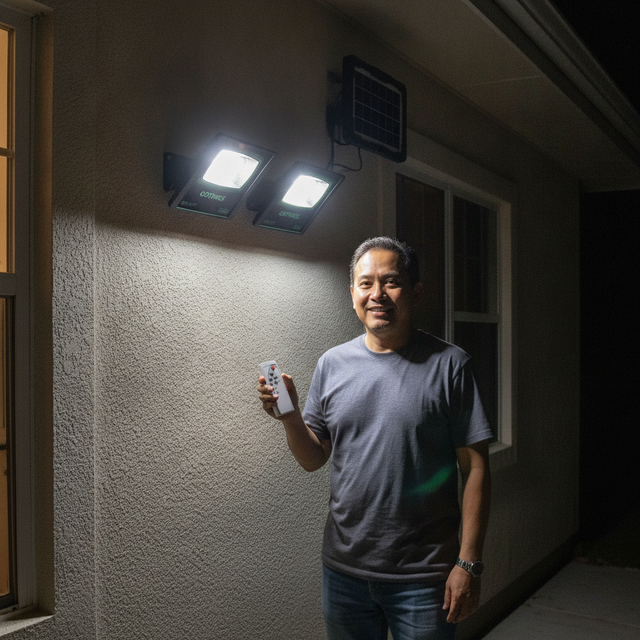 Lampara Duo 30W - cliente satisfecho con los reflectores instalados de noche