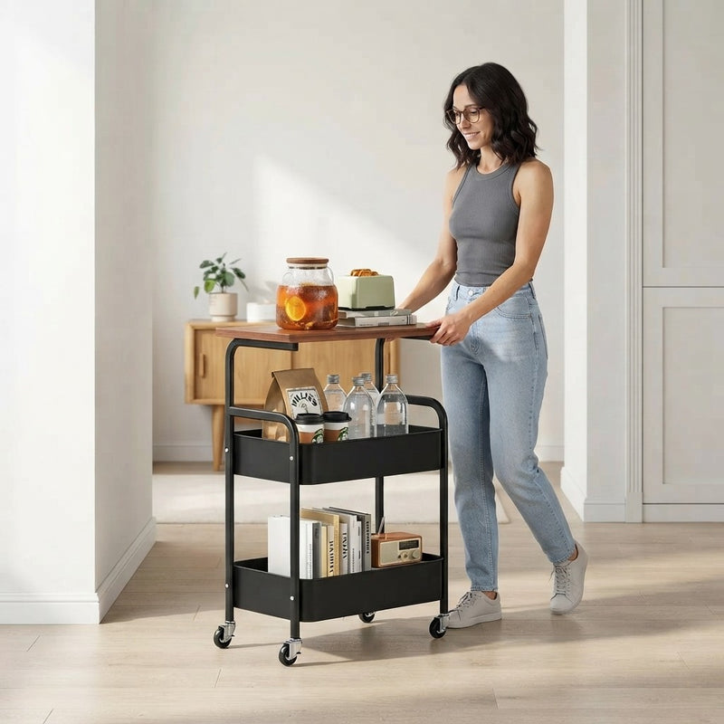 Carrito Organizador Metálico 3 Niveles Multiuso con Tablero de Madera