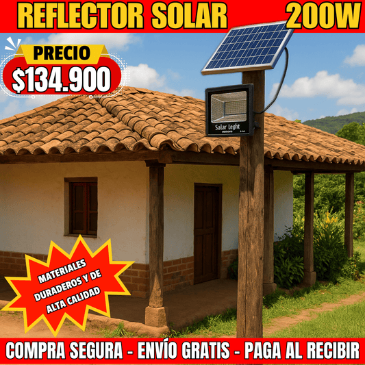 REFLECTOR SOLAR 13 HRS ILUMINACIÓN SUPER BRILLANTE 200W LUZ FIJA CON GARANTÍA INCLUIDA